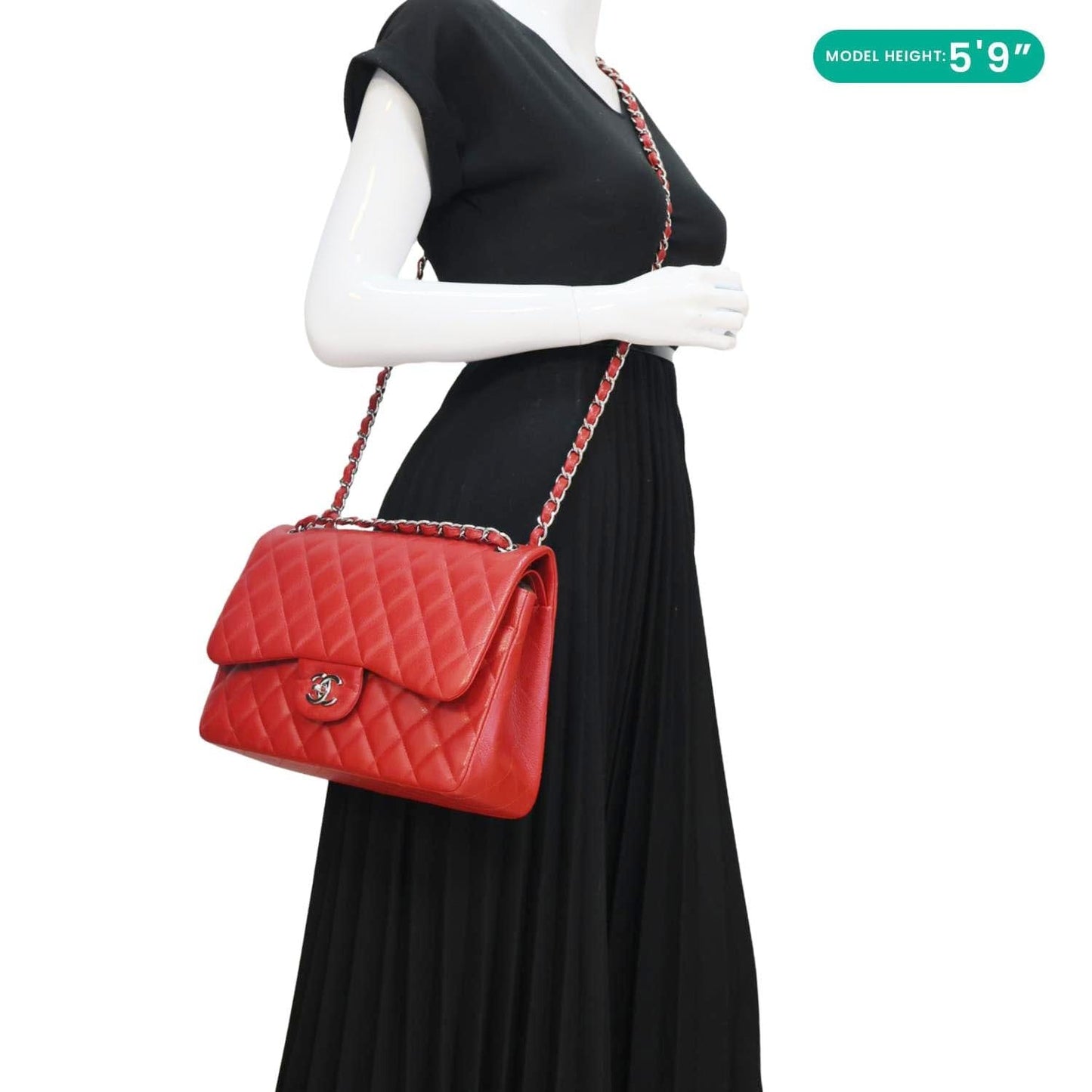 CHANEL Classic Jumbo Double Flap Quilted Caviar Leather Shoulder Bag Red