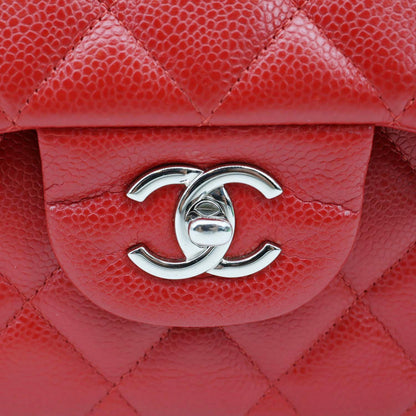CHANEL Classic Jumbo Double Flap Quilted Caviar Leather Shoulder Bag Red