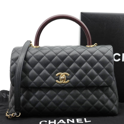 CHANEL Coco Large Quilted Caviar Lizard Handle Shoulder Bag Black