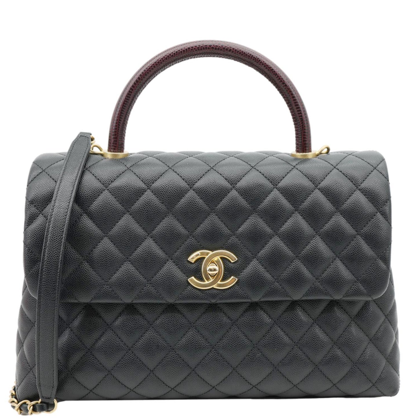 CHANEL Coco Large Quilted Caviar Lizard Handle Shoulder Bag Black