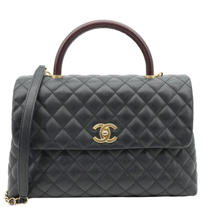 CHANEL Coco Large Quilted Caviar Lizard Handle Shoulder Bag Black