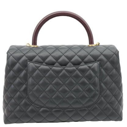 CHANEL Coco Large Quilted Caviar Lizard Handle Shoulder Bag Black