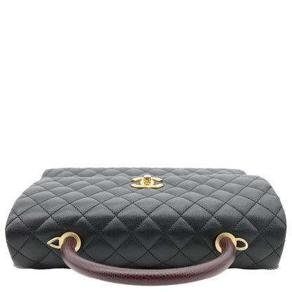 CHANEL Coco Large Quilted Caviar Lizard Handle Shoulder Bag Black