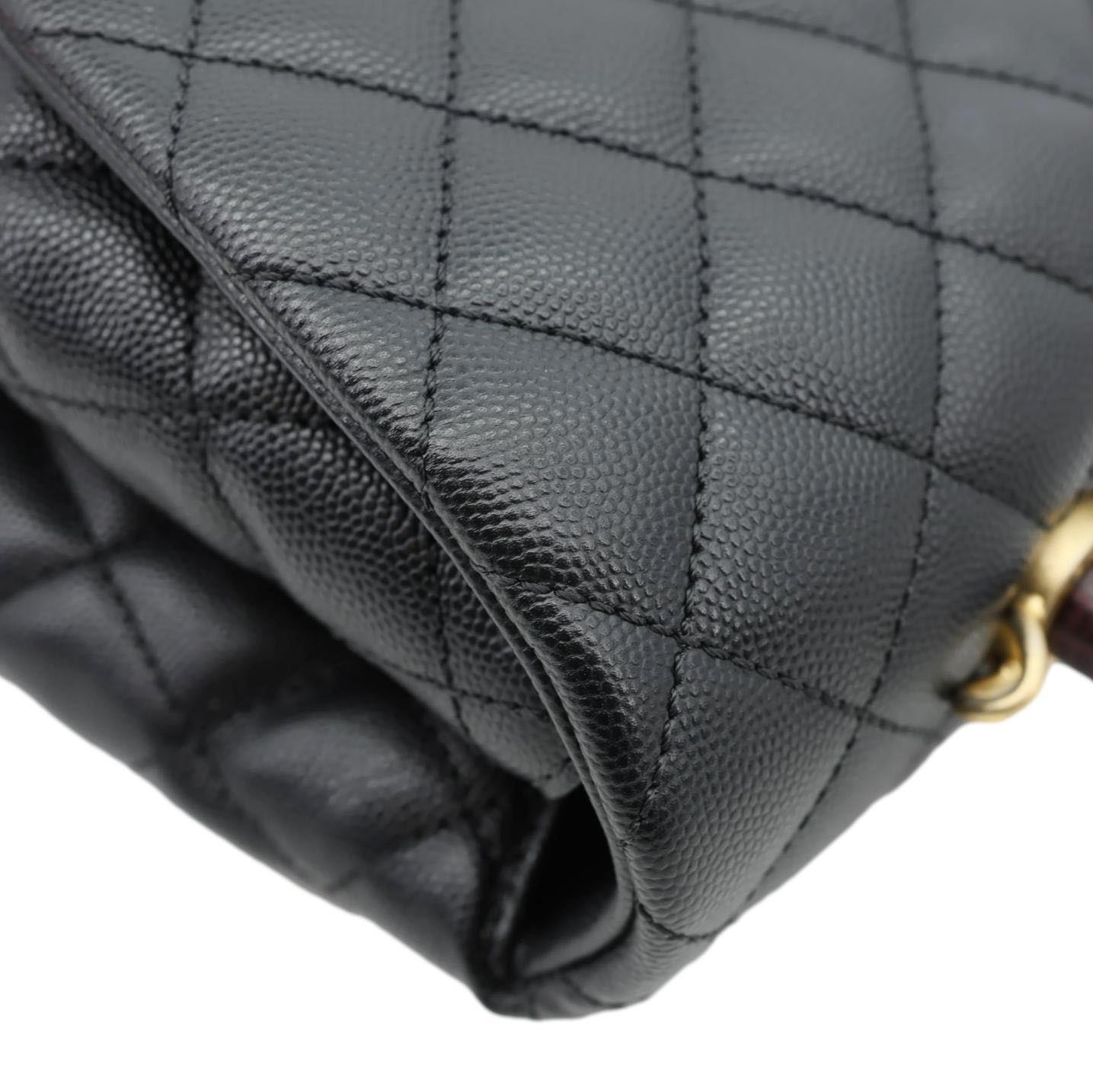 CHANEL Coco Large Quilted Caviar Lizard Handle Shoulder Bag Black