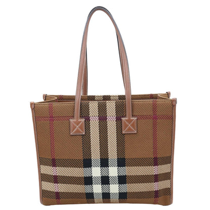 BURBERRY Freya Small Knitted Check Canvas Tote Bag Brown