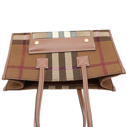 BURBERRY Freya Small Knitted Check Canvas Tote Bag Brown