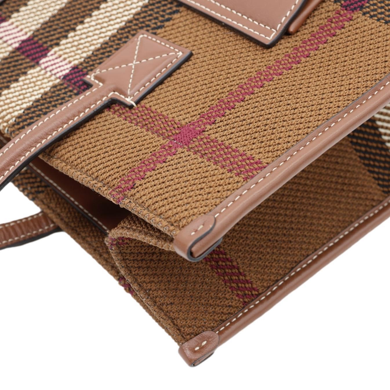 BURBERRY Freya Small Knitted Check Canvas Tote Bag Brown