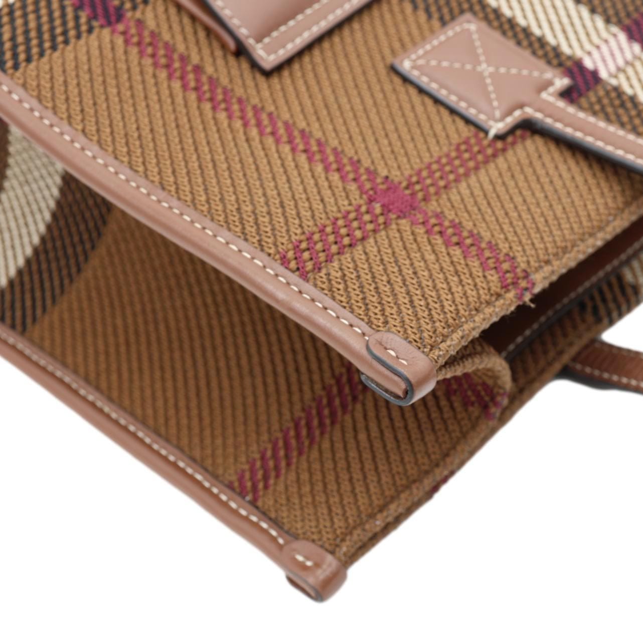 BURBERRY Freya Small Knitted Check Canvas Tote Bag Brown