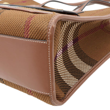 BURBERRY Freya Small Knitted Check Canvas Tote Bag Brown