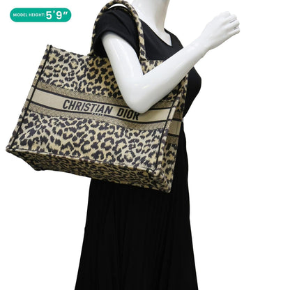CHRISTIAN DIOR Book Large Leopard Mizza Embroidered Tote Bag Beige