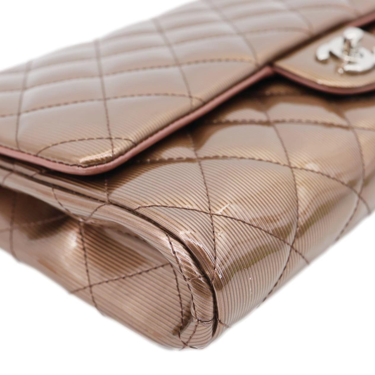 CHANEL Classic Flap Quilted Striated Patent Leather Shoulder Bag Bronze