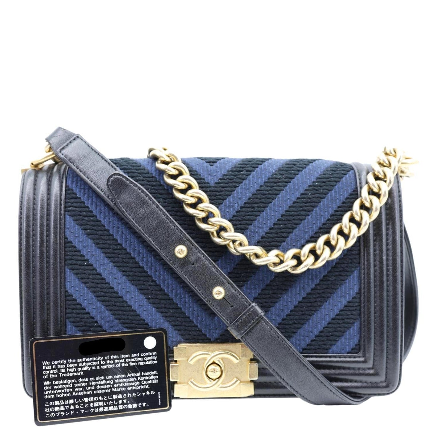 CHANEL Boy Old Medium Braided Chevron Cording Leather Crossbody Bag Navy Blue