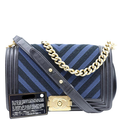 CHANEL Boy Old Medium Braided Chevron Cording Leather Crossbody Bag Navy Blue