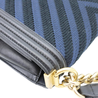 CHANEL Boy Old Medium Braided Chevron Cording Leather Crossbody Bag Navy Blue