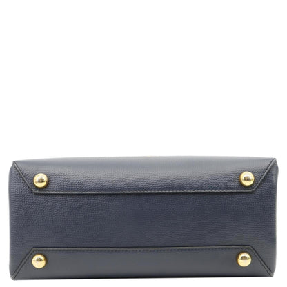 BURBERRY Banner Small House Check Leather Tote Bag Navy Blue