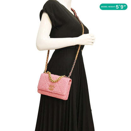 CHANEL 19 Flap Wool Tweed Wallet On Chain Shoulder Bag Pink