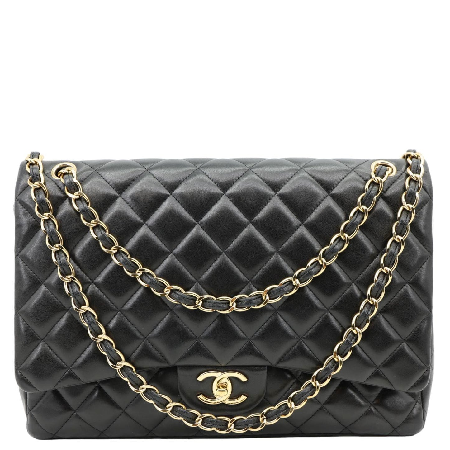 CHANEL Maxi Classic Double Flap Calfskin Leather Shoulder Bag Black