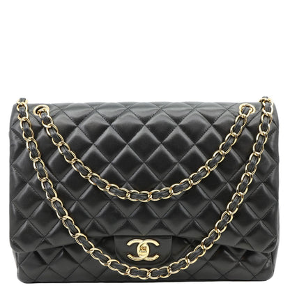 CHANEL Maxi Classic Double Flap Calfskin Leather Shoulder Bag Black