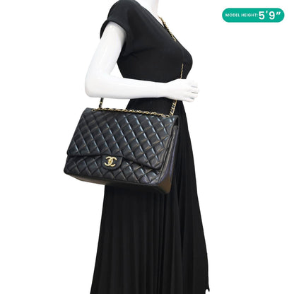 CHANEL Maxi Classic Double Flap Calfskin Leather Shoulder Bag Black