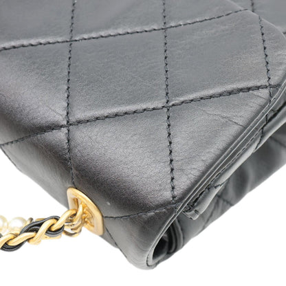 CHANEL Crystal Pearls Rectangular Flap Mini Quilted Leather Chain Crossbody Bag Black
