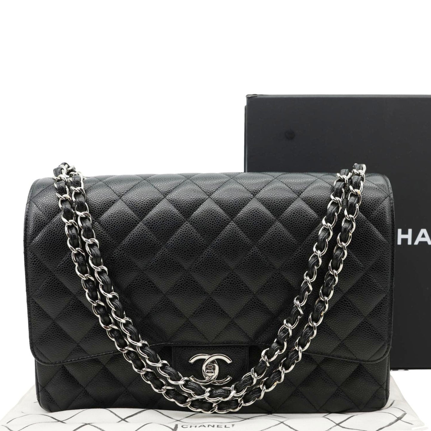 CHANEL Classic Double Flap Maxi Caviar Leather Shoulder Bag Black