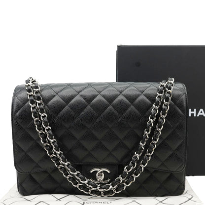 CHANEL Classic Double Flap Maxi Caviar Leather Shoulder Bag Black