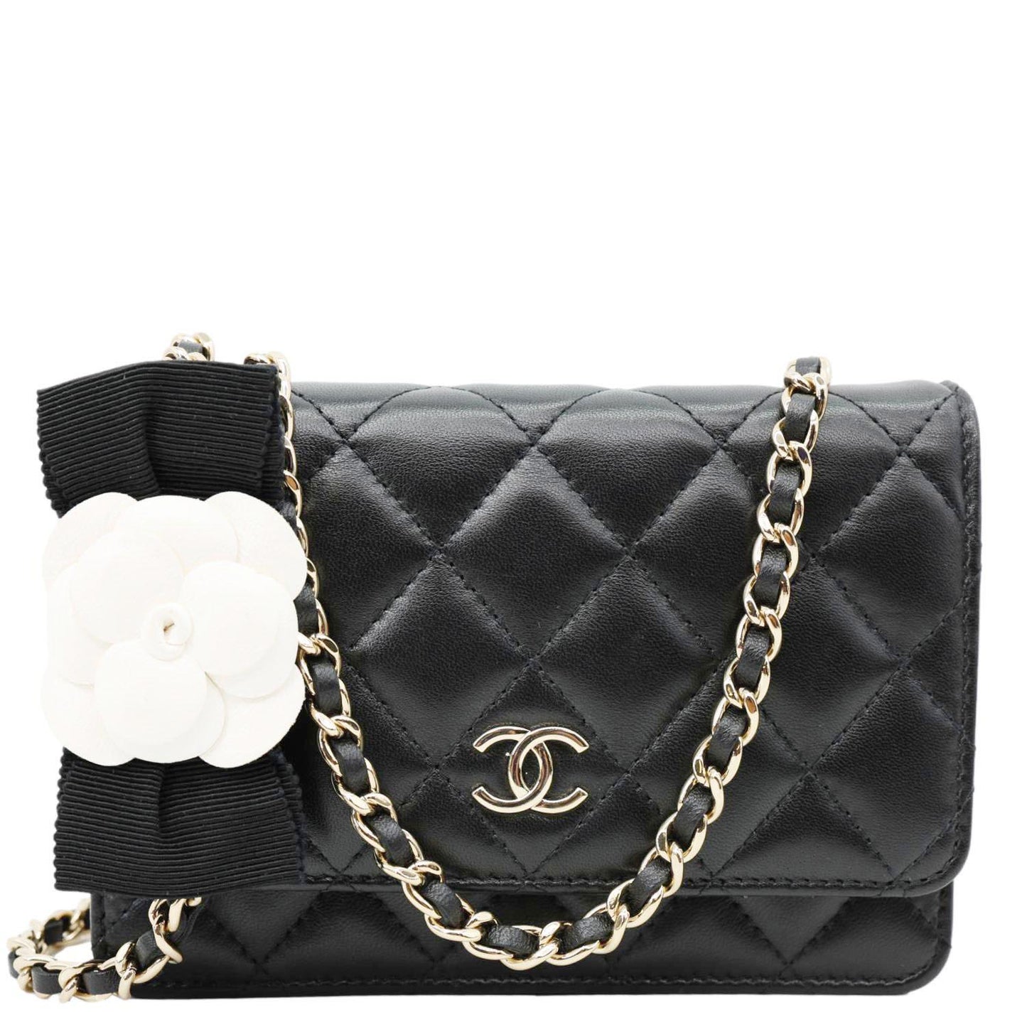 CHANEL Camellia Bow Mini Quilted Leather WOC Crossbody Bag Black