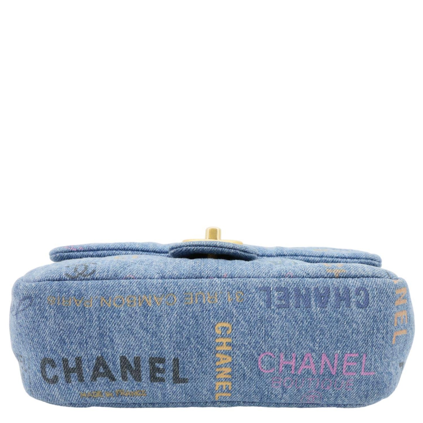 CHANEL Mood Flap Small Quilted Denim Logo Printed Shoulder Bag Blue