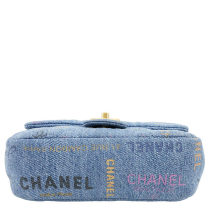 CHANEL Mood Flap Small Quilted Denim Logo Printed Shoulder Bag Blue