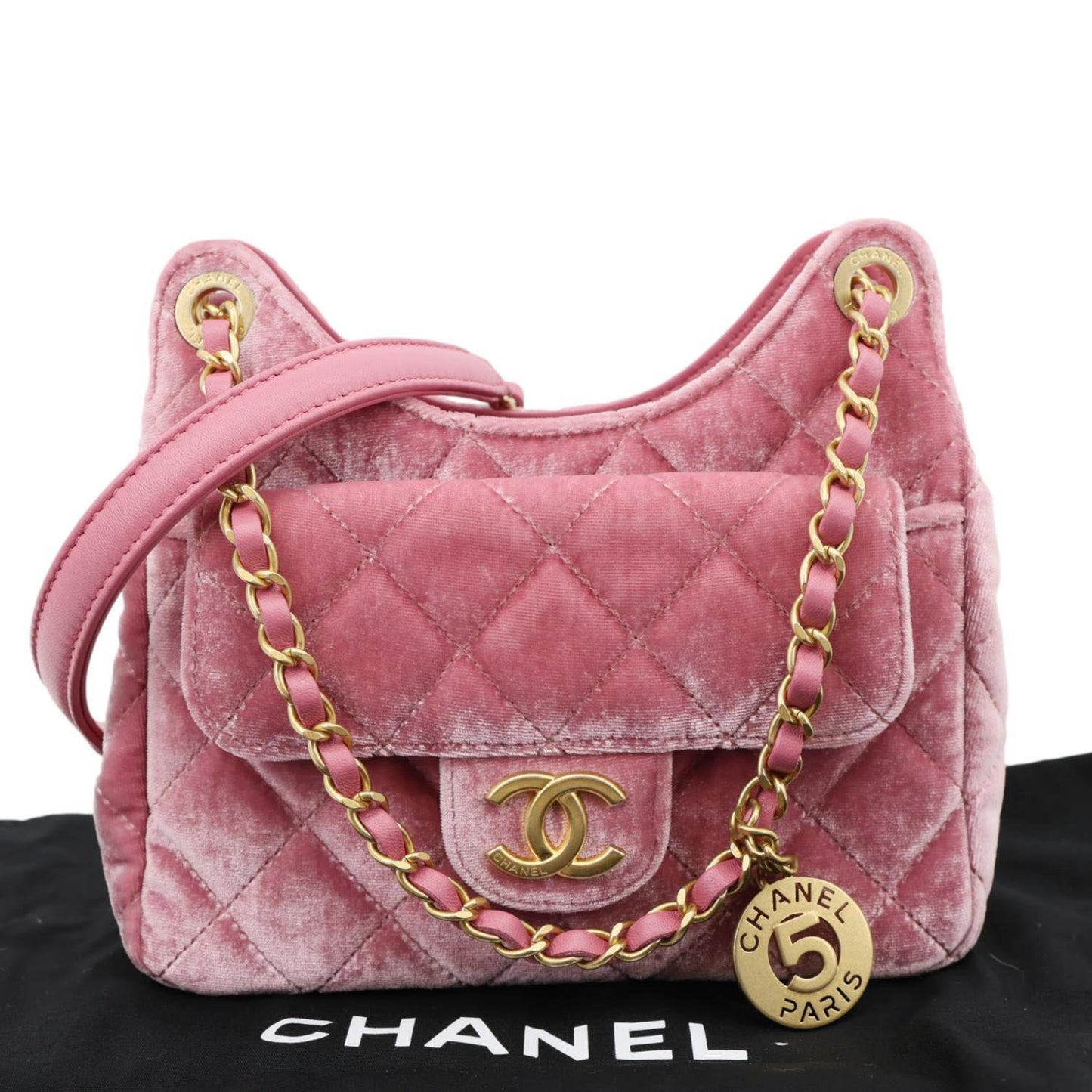 CHANEL Wavy CC Small Velvet Hobo Bag Pink