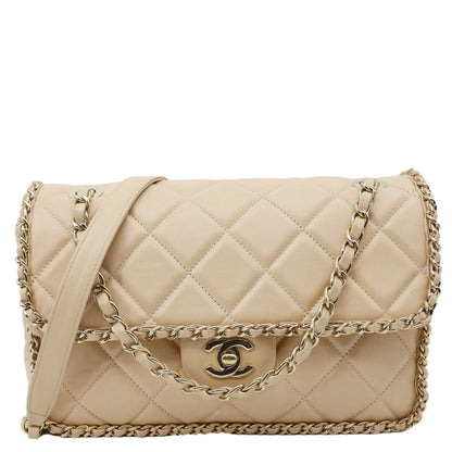 CHANEL Chain All Over Flap Medium Calfskin Crumpled Leather Crossbody Bag Beige