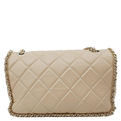 CHANEL Chain All Over Flap Medium Calfskin Crumpled Leather Crossbody Bag Beige