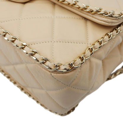 CHANEL Chain All Over Flap Medium Calfskin Crumpled Leather Crossbody Bag Beige