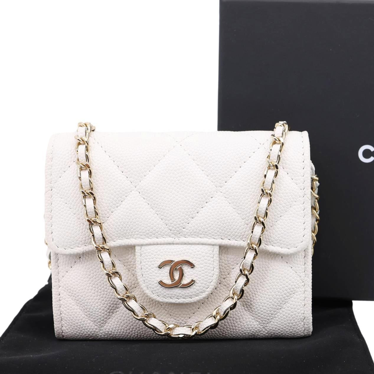 CHANEL Classic Flap Small Caviar Quilted Leather Chain Wallet  White