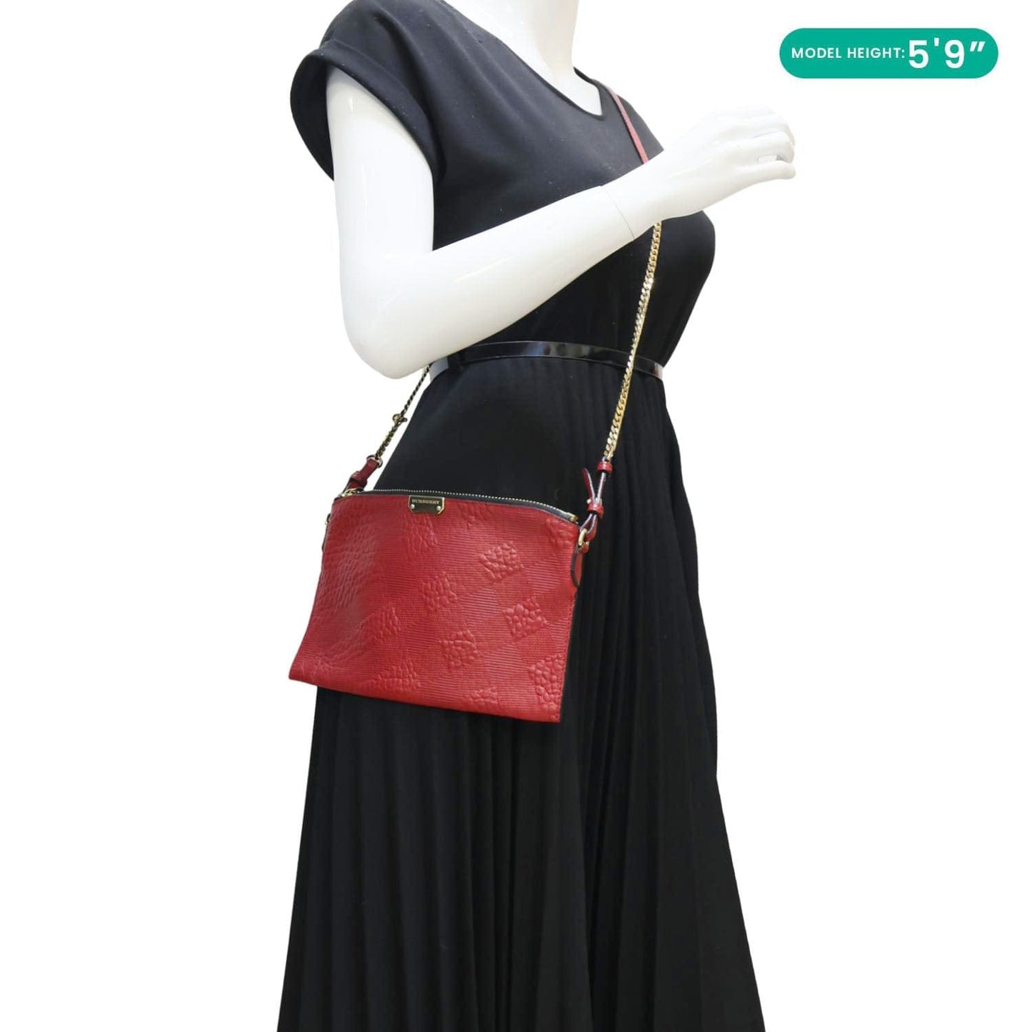 BURBERRY Peyton Grain Check Embossed Leather Clutch Crossbody Bag Red