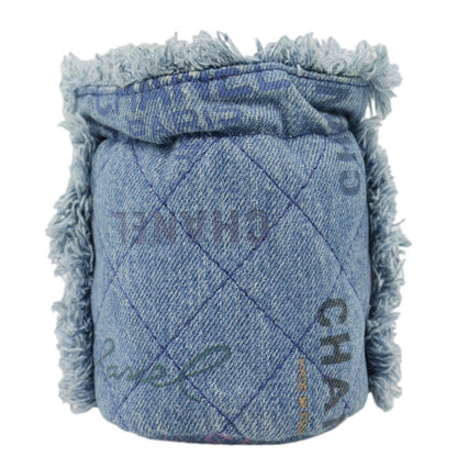 CHANEL Mood Logo Printed Quilted Denim Chain Bucket Bag Blue
