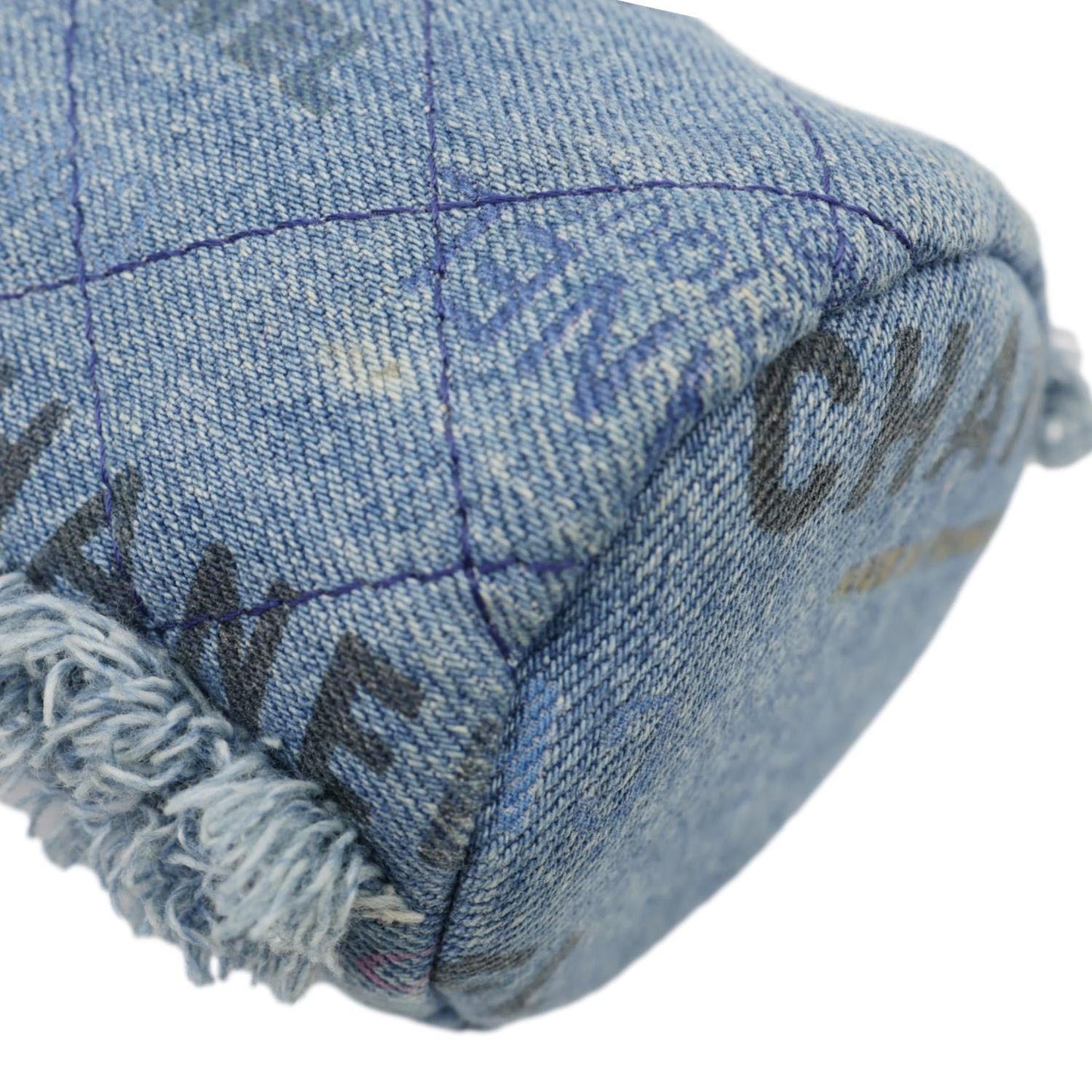 CHANEL Mood Logo Printed Quilted Denim Chain Bucket Bag Blue