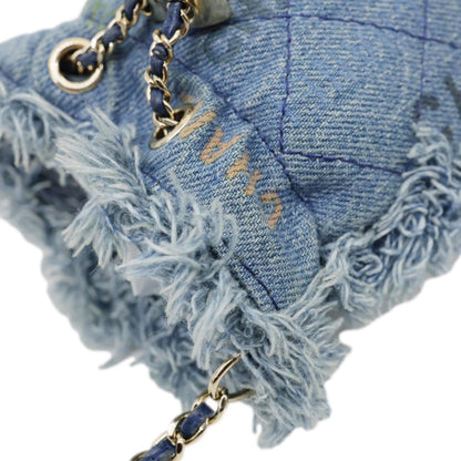 CHANEL Mood Logo Printed Quilted Denim Chain Bucket Bag Blue