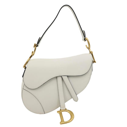 CHRISTIAN DIOR Saddle Grained Calfskin Leather Shoulder Bag Off White
