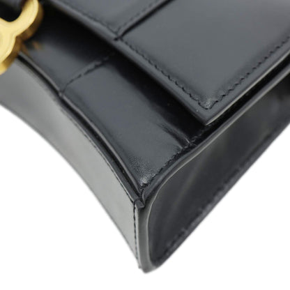 BALENCIAGA Hourglass Shiny Box Calfskin Leather Wallet On Chain Shoulder Bag Black