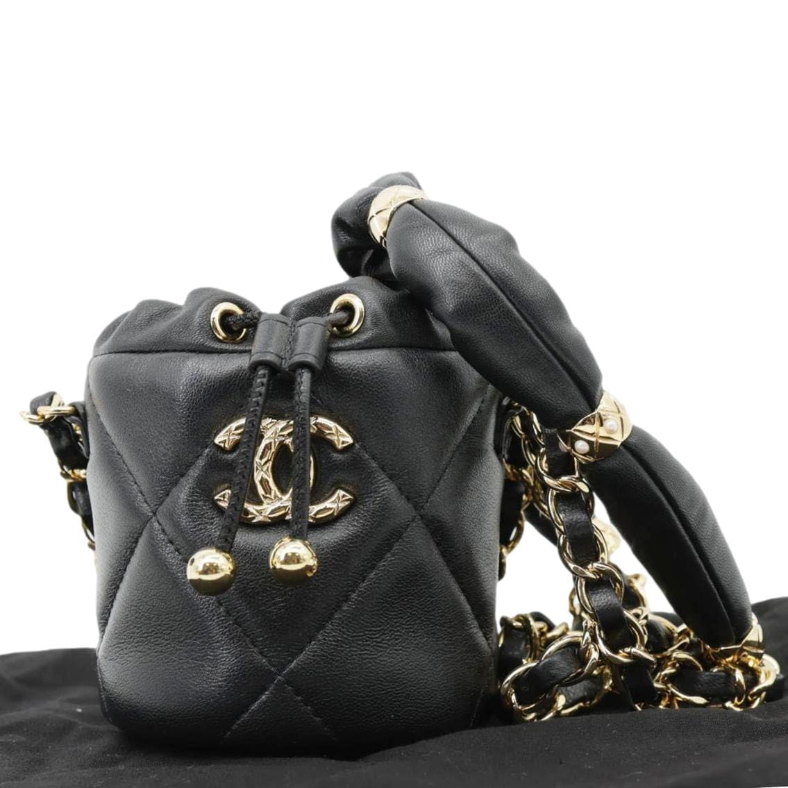 CHANEL Twist Your Buttons Quilted Calfskin Leather Drawstring Bucket Bag Black