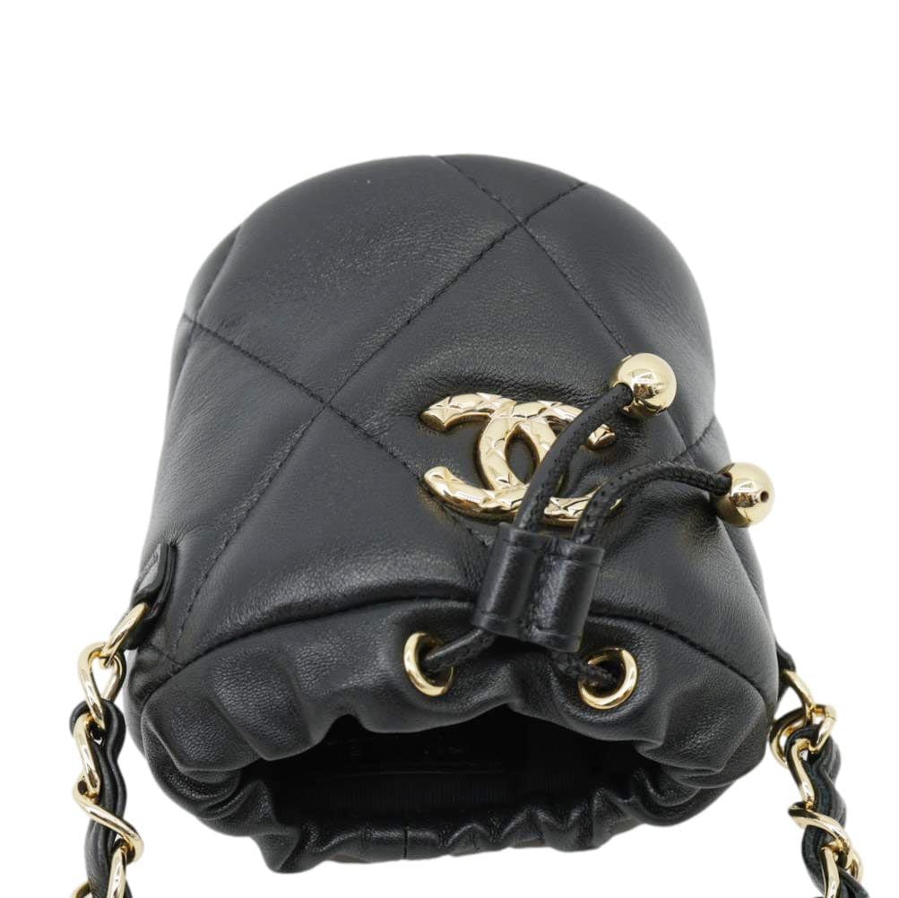CHANEL Twist Your Buttons Quilted Calfskin Leather Drawstring Bucket Bag Black