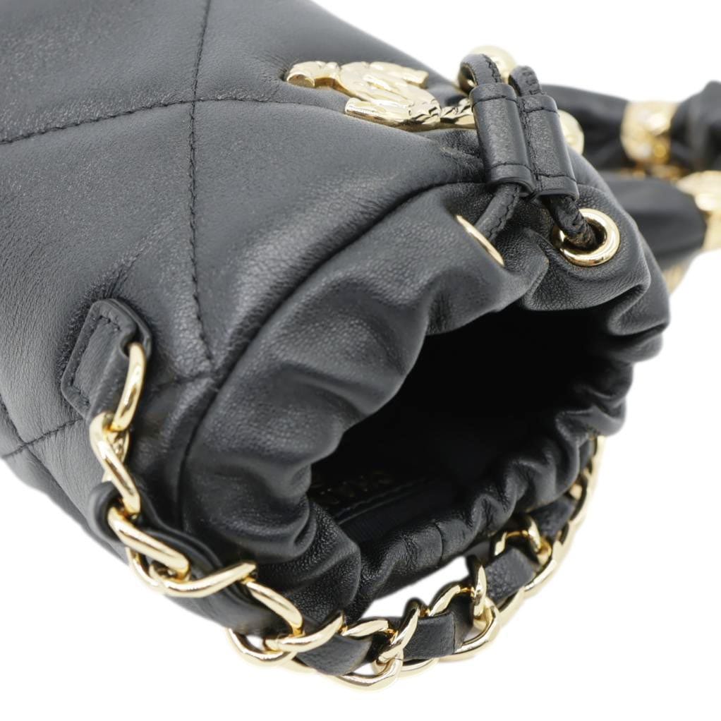 CHANEL Twist Your Buttons Quilted Calfskin Leather Drawstring Bucket Bag Black