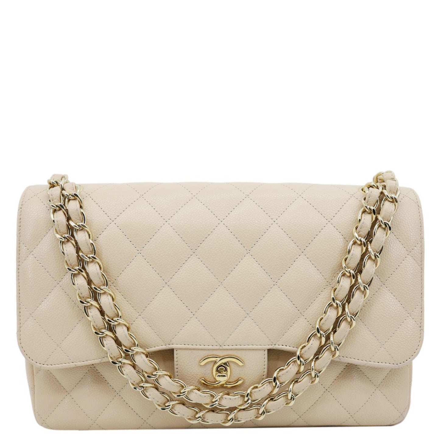 CHANEL Jumbo Classic Double Flap Caviar Leather Shoulder Bag Beige
