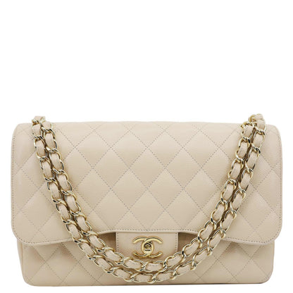 CHANEL Jumbo Classic Double Flap Caviar Leather Shoulder Bag Beige