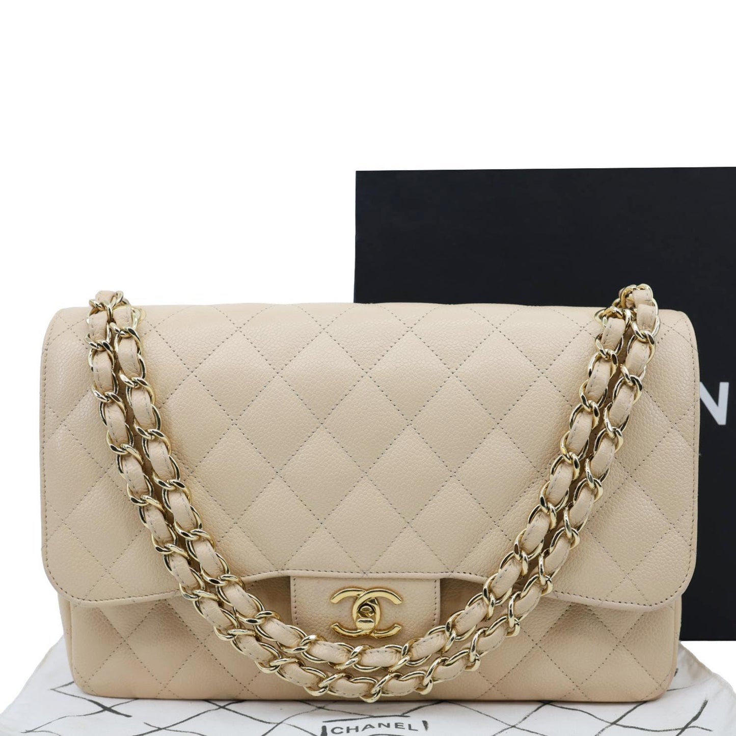 CHANEL Jumbo Classic Double Flap Caviar Leather Shoulder Bag Beige