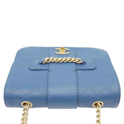 CHANEL Front Chain Flap Quilted Leather Shoulder Bag Blue