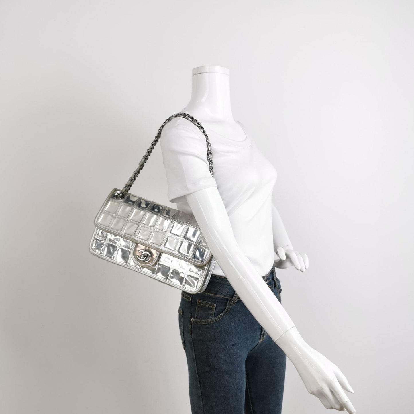 Chanel Ice Cube Chocolate Bar Classic Flap Metallic Silver PVC with Leather