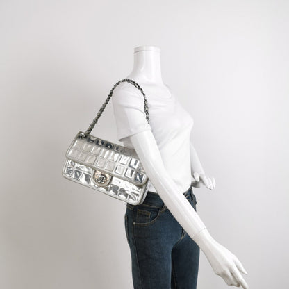 Chanel Ice Cube Chocolate Bar Classic Flap Metallic Silver PVC with Leather