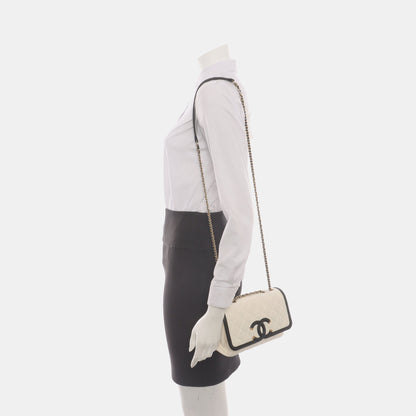 Chanel Filigree Flap Bag Caviar Leather Small White with Black Trim